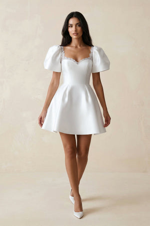 Sweetheart Puff Sleeves Satin A - Line Wedding Dress in White - KissProm Wedding Dresses