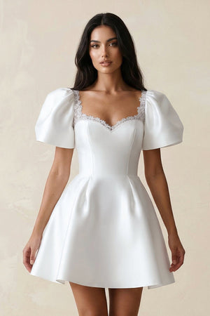 Sweetheart Puff Sleeves Satin A - Line Wedding Dress in White - KissProm Wedding Dresses