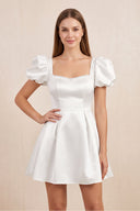 Sweetheart Puff Sleeves Satin A - Line Wedding Dress in White - KissProm Wedding Dresses
