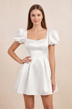Sweetheart Puff Sleeves Satin A - Line Wedding Dress in White - KissProm Wedding Dresses