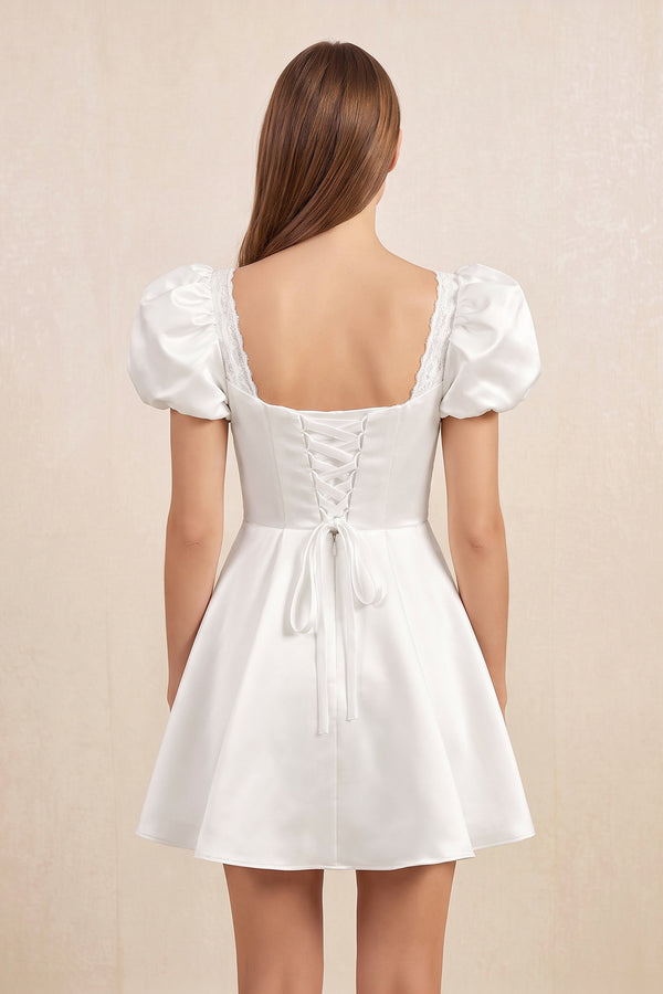 Sweetheart Puff Sleeves Satin A - Line Wedding Dress in White - KissProm Wedding Dresses