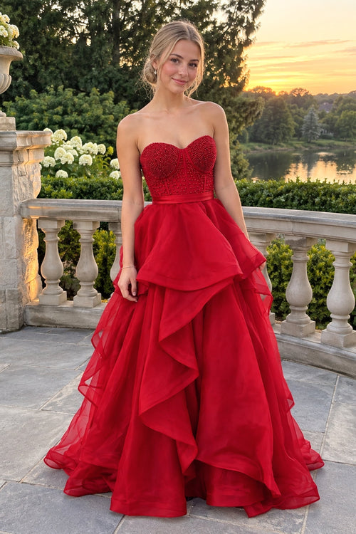 Sweetheart Red A Line Long Formal Dress with Beading | KISSPROM