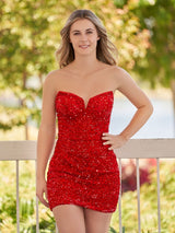 Sweetheart Red Sequined Sheath Mini Party Dress | KISSPROM