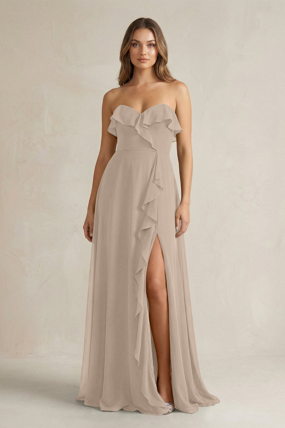 Sweetheart Ruffled A - Line Chiffon Bridesmaid Dress in Almond - KissProm Bridesmaid Dresses