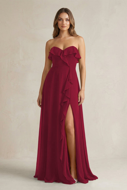 Sweetheart Ruffled A - Line Chiffon Bridesmaid Dress in Berry - KissProm Bridesmaid Dresses