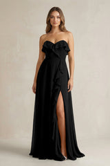 Sweetheart Ruffled A - Line Chiffon Bridesmaid Dress in Black - KissProm Bridesmaid Dresses