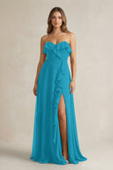 Sweetheart Ruffled A - Line Chiffon Bridesmaid Dress in Blue Jay - KissProm Bridesmaid Dresses