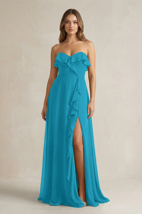 Sweetheart Ruffled A - Line Chiffon Bridesmaid Dress in Blue Jay - KissProm Bridesmaid Dresses