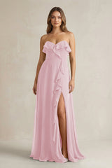 Sweetheart Ruffled A - Line Chiffon Bridesmaid Dress in Candy Pink - KissProm Bridesmaid Dresses