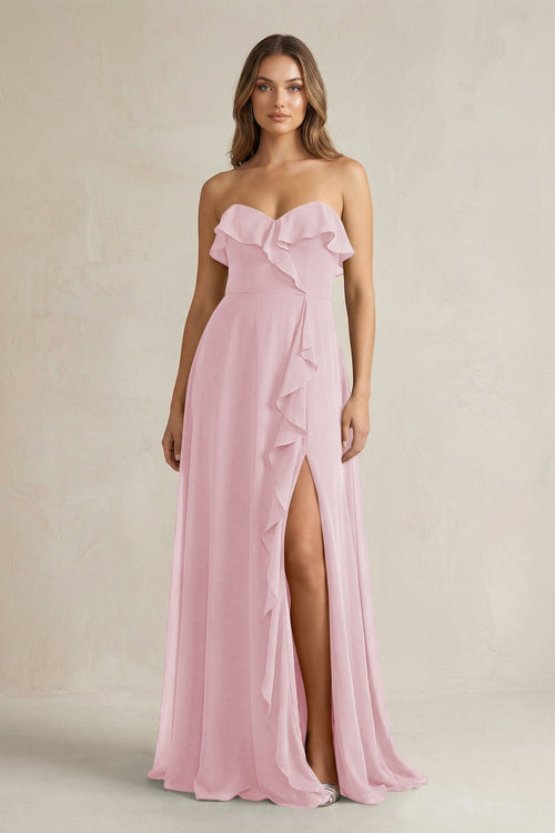 Sweetheart Ruffled A - Line Chiffon Bridesmaid Dress in Candy Pink - KissProm Bridesmaid Dresses