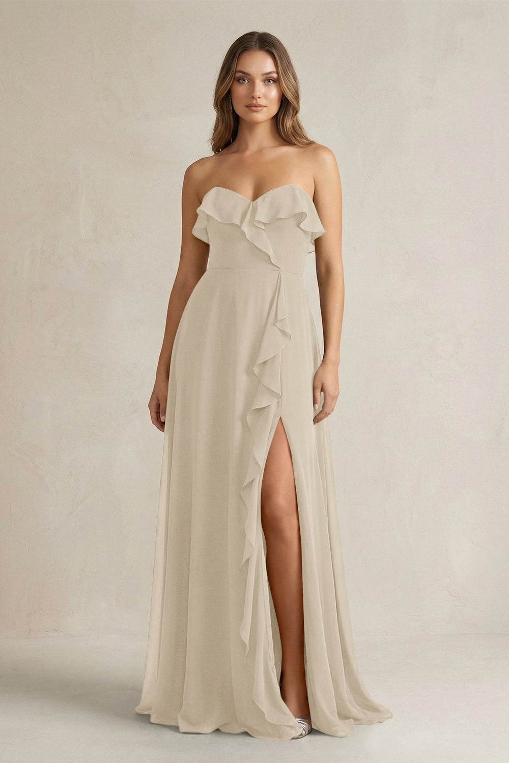 Sweetheart Ruffled A - Line Chiffon Bridesmaid Dress in Champagne - KissProm Bridesmaid Dresses