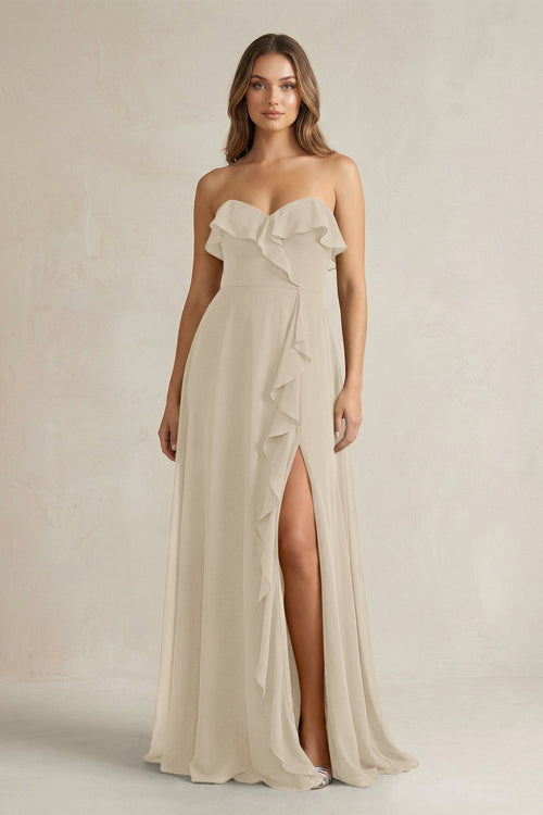 Sweetheart Ruffled A - Line Chiffon Bridesmaid Dress in Champagne - KissProm Bridesmaid Dresses