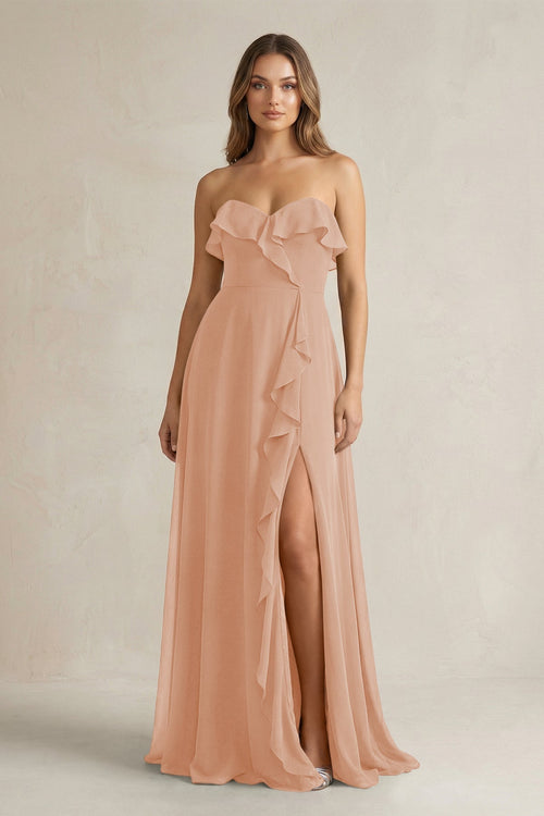 Sweetheart Ruffled A - Line Chiffon Bridesmaid Dress in Champagne Rose - KissProm Bridesmaid Dresses