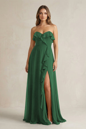 Sweetheart Ruffled A - Line Chiffon Bridesmaid Dress in Dark Green - KissProm Bridesmaid Dresses
