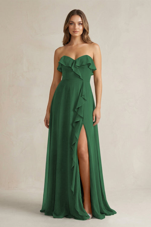 Sweetheart Ruffled A - Line Chiffon Bridesmaid Dress in Dark Green - KissProm Bridesmaid Dresses