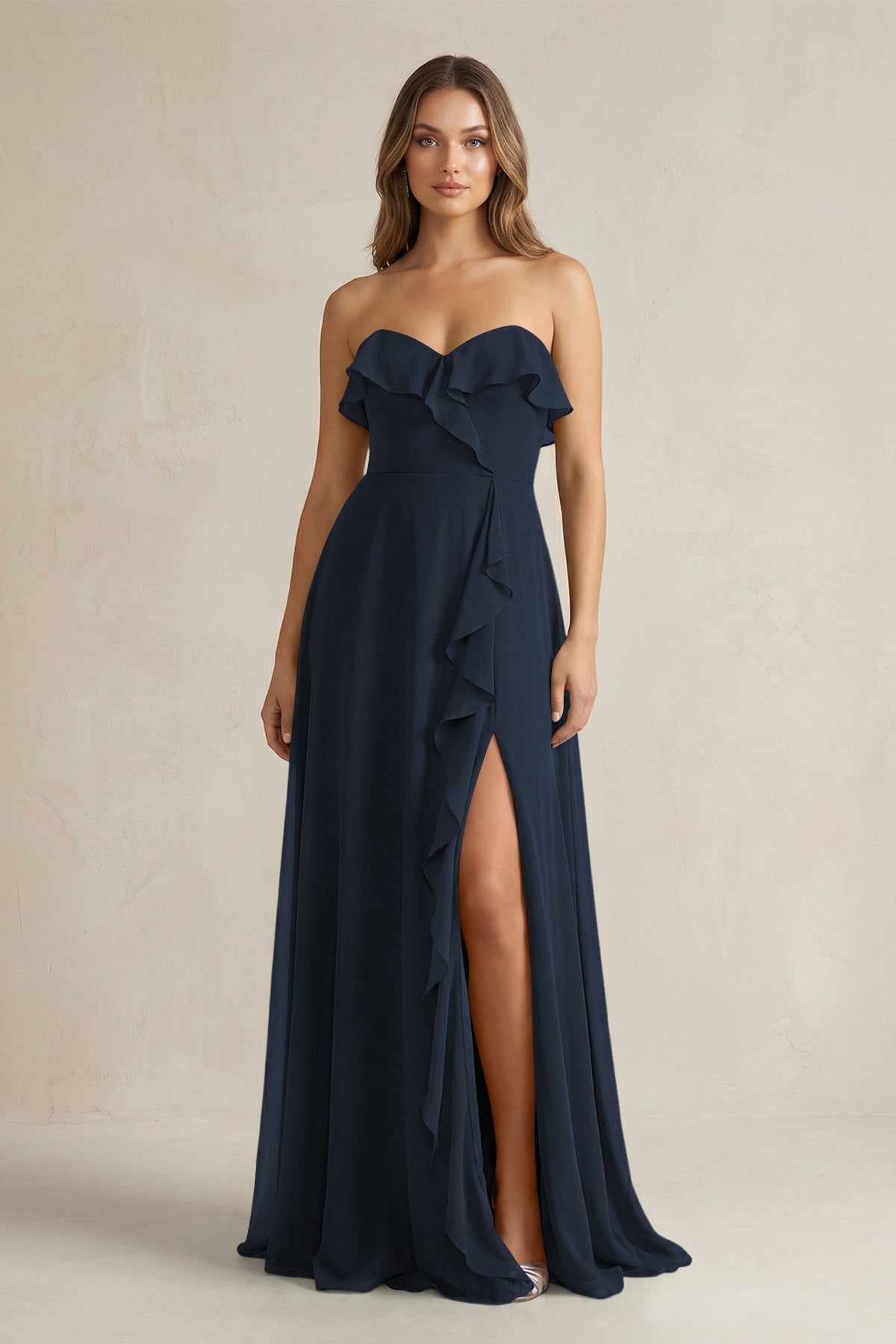 KissProm Sweetheart Ruffled A-Line Chiffon Bridesmaid Dress in Dark Navy, Dark Navy / Custom Size( Free )