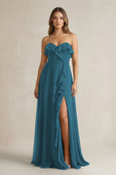 Sweetheart Ruffled A - Line Chiffon Bridesmaid Dress in Dark Teal - KissProm Bridesmaid Dresses