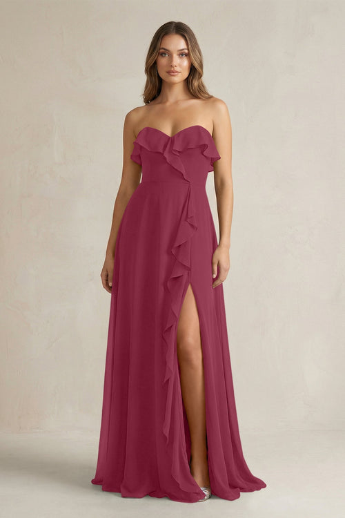 Sweetheart Ruffled A - Line Chiffon Bridesmaid Dress in Desert Rose - KissProm Bridesmaid Dresses