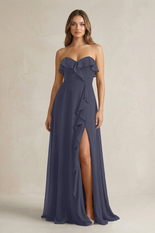 Sweetheart Ruffled A - Line Chiffon Bridesmaid Dress in Dusk Blue - KissProm Bridesmaid Dresses