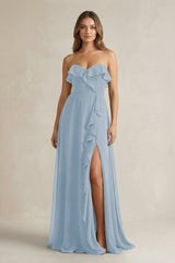 Sweetheart Ruffled A - Line Chiffon Bridesmaid Dress in Dusty Blue - KissProm Bridesmaid Dresses