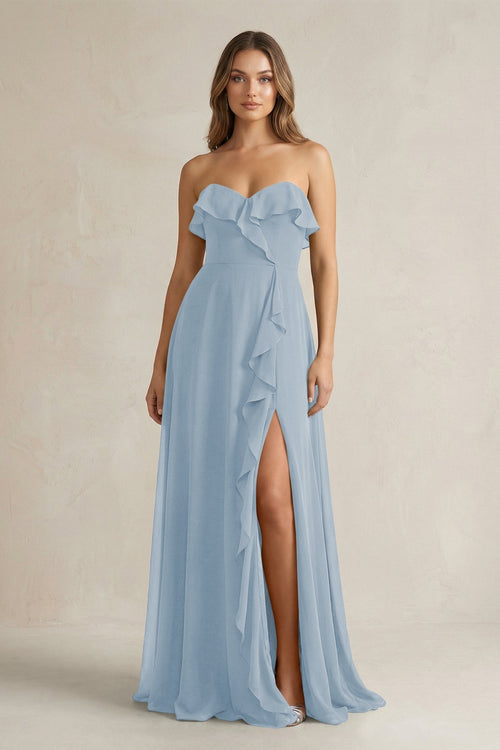 Sweetheart Ruffled A - Line Chiffon Bridesmaid Dress in Dusty Blue - KissProm Bridesmaid Dresses