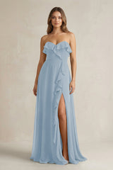 Sweetheart Ruffled A - Line Chiffon Bridesmaid Dress in Dusty Blue - KissProm Bridesmaid Dresses