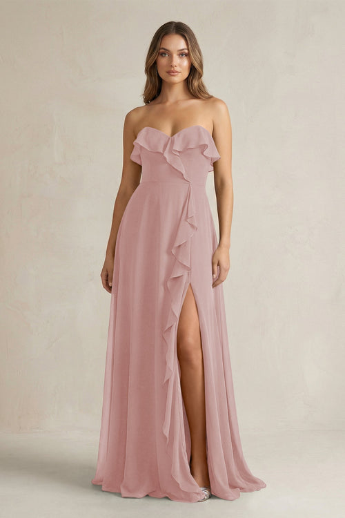 Sweetheart Ruffled A - Line Chiffon Bridesmaid Dress in Dusty Rose - KissProm Bridesmaid Dresses