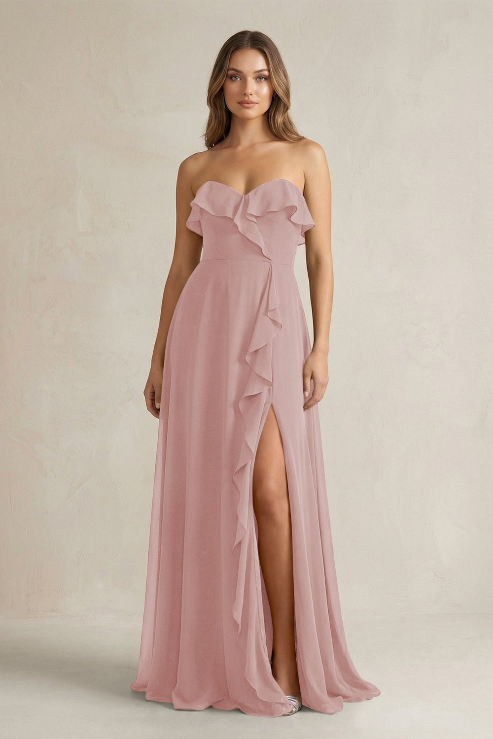 Sweetheart Ruffled A - Line Chiffon Bridesmaid Dress in Dusty Rose - KissProm Bridesmaid Dresses