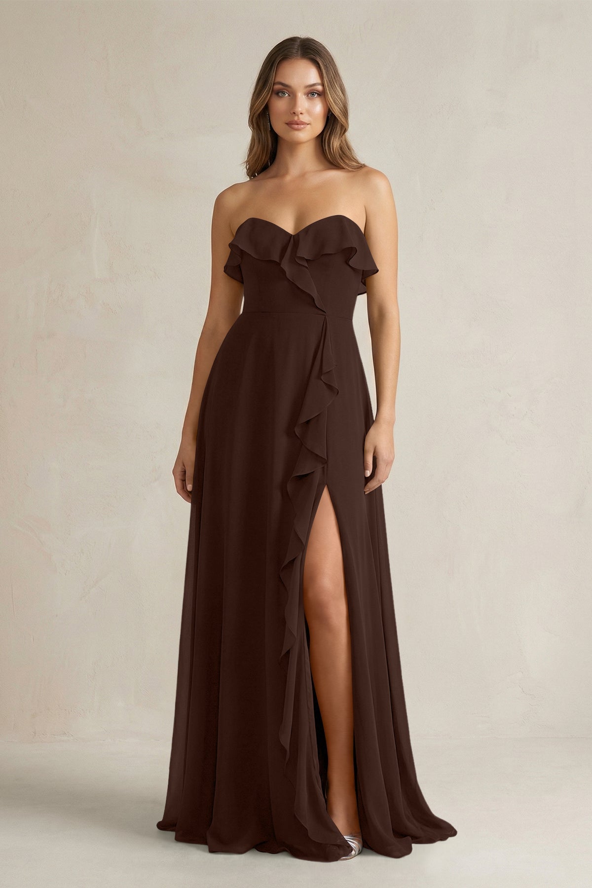 KissProm Sweetheart Ruffled A-Line Chiffon Bridesmaid Dress in Espresso, Espresso / Custom Size( Free )