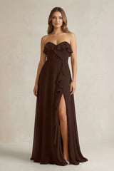 Sweetheart Ruffled A - Line Chiffon Bridesmaid Dress in Espresso - KissProm Bridesmaid Dresses