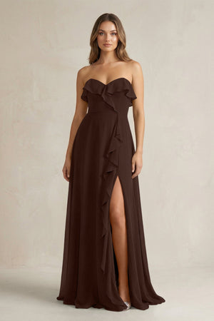 Sweetheart Ruffled A - Line Chiffon Bridesmaid Dress in Espresso - KissProm Bridesmaid Dresses