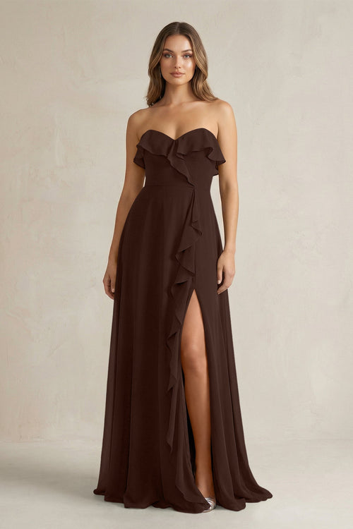 Sweetheart Ruffled A - Line Chiffon Bridesmaid Dress in Espresso - KissProm Bridesmaid Dresses