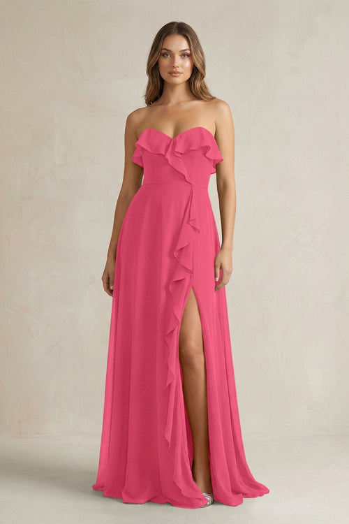 Sweetheart Ruffled A - Line Chiffon Bridesmaid Dress in Fuchsia - KissProm Bridesmaid Dresses
