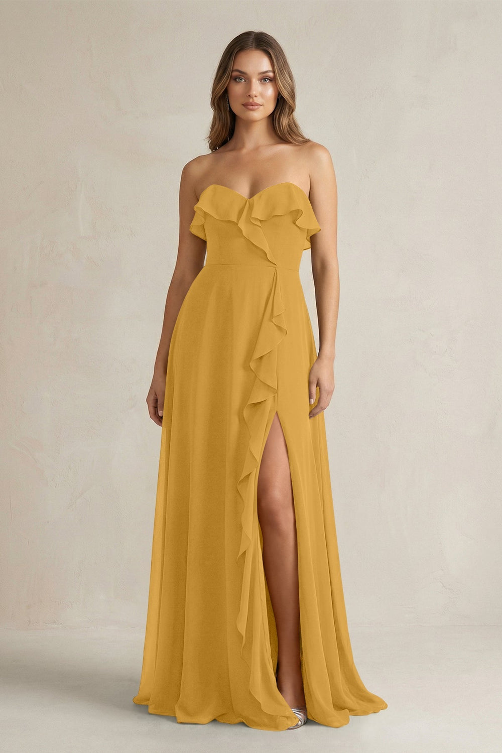Sweetheart Ruffled A - Line Chiffon Bridesmaid Dress in Marigold - KissProm Bridesmaid Dresses