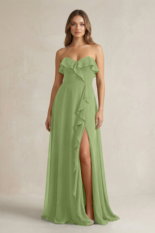 Sweetheart Ruffled A - Line Chiffon Bridesmaid Dress in Matcha - KissProm Bridesmaid Dresses