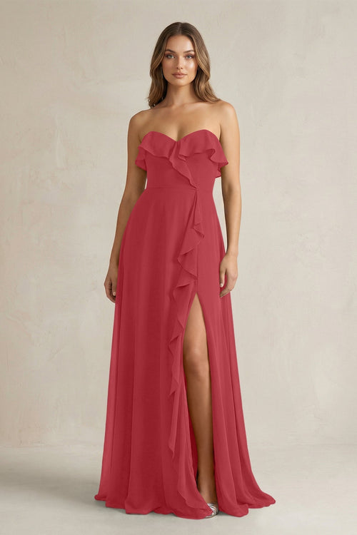 Sweetheart Ruffled A - Line Chiffon Bridesmaid Dress in Merlot - KissProm Bridesmaid Dresses