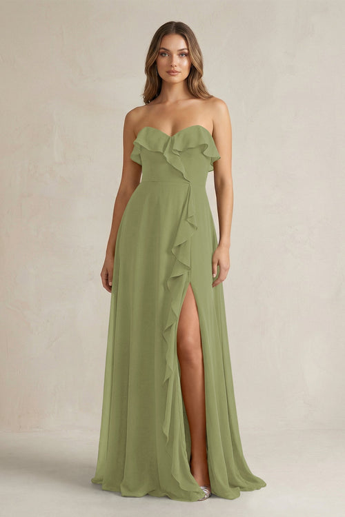 Sweetheart Ruffled A - Line Chiffon Bridesmaid Dress in Moss Green - KissProm Bridesmaid Dresses