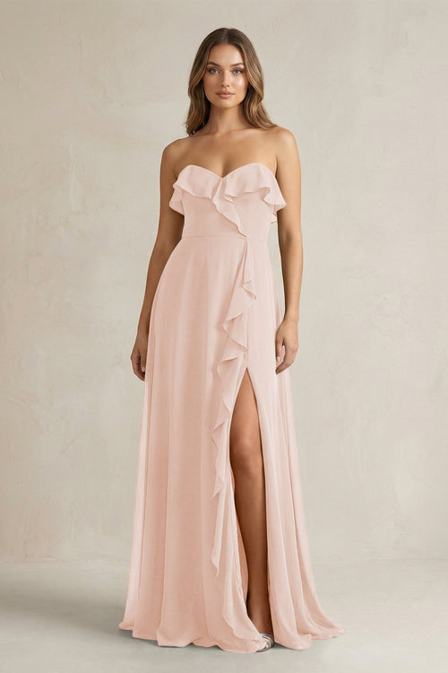 Sweetheart Ruffled A - Line Chiffon Bridesmaid Dress in Pale Blush - KissProm Bridesmaid Dresses