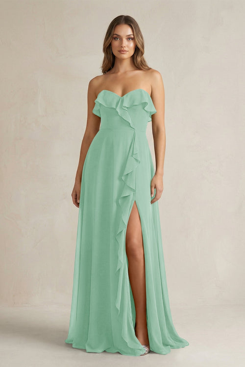 Sweetheart Ruffled A - Line Chiffon Bridesmaid Dress in Pale Pistachio - KissProm Bridesmaid Dresses