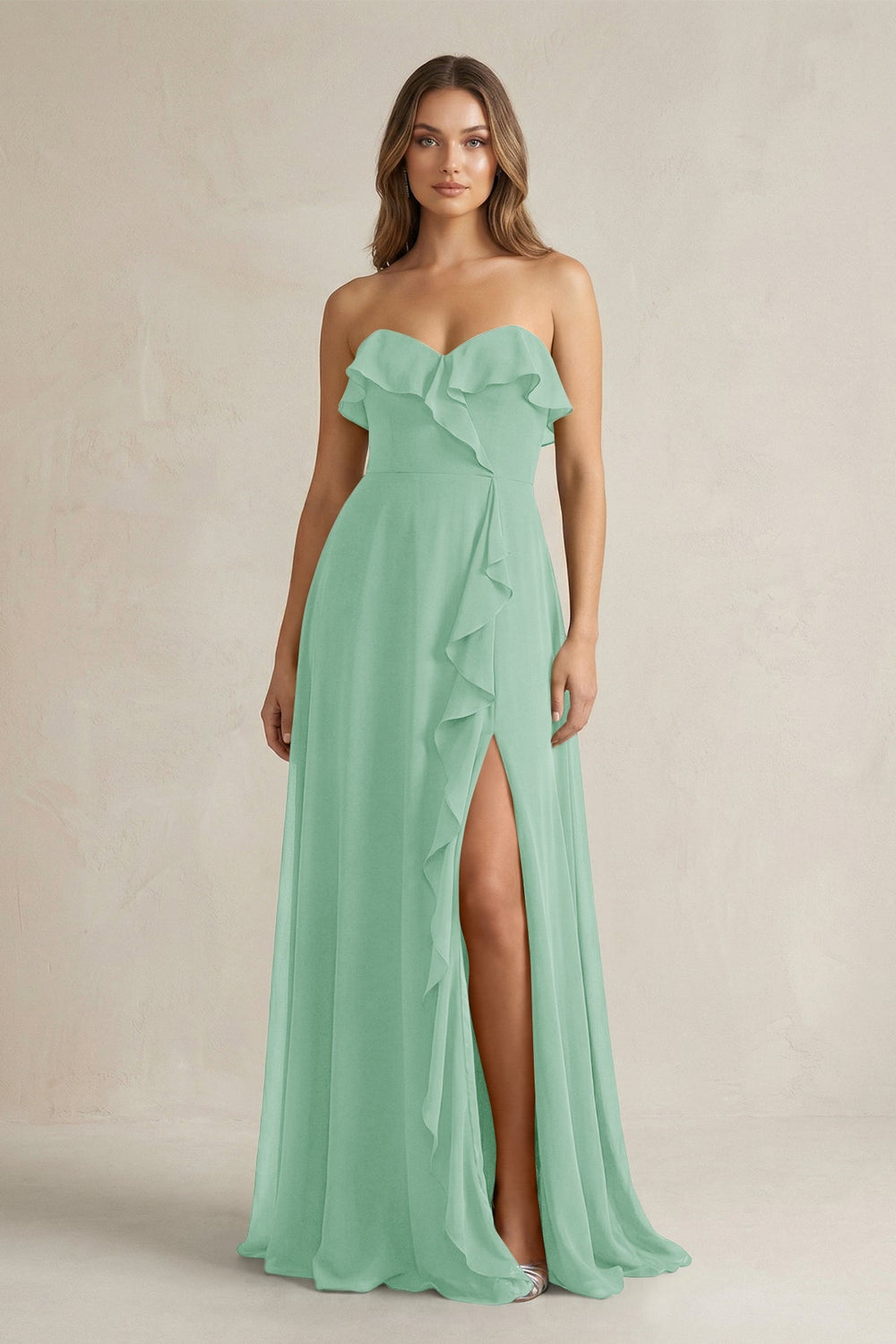 Sweetheart Ruffled A - Line Chiffon Bridesmaid Dress in Pale Pistachio - KissProm Bridesmaid Dresses
