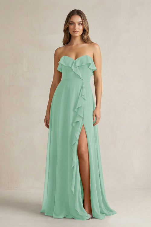 Sweetheart Ruffled A - Line Chiffon Bridesmaid Dress in Pale Pistachio - KissProm Bridesmaid Dresses