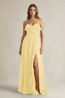 Sweetheart Ruffled A - Line Chiffon Bridesmaid Dress in Pastel Yellow - KissProm Bridesmaid Dresses