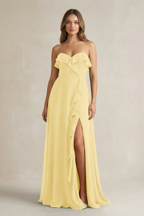 Sweetheart Ruffled A - Line Chiffon Bridesmaid Dress in Pastel Yellow - KissProm Bridesmaid Dresses