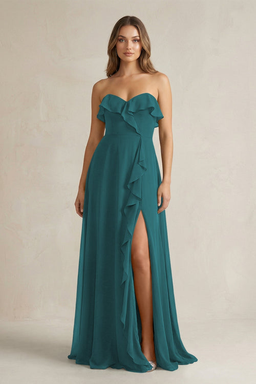 Sweetheart Ruffled A - Line Chiffon Bridesmaid Dress in Pine - KissProm Bridesmaid Dresses