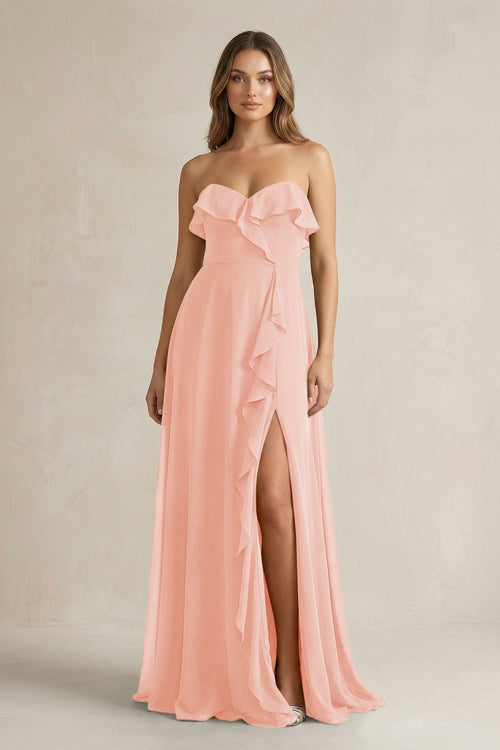 Sweetheart Ruffled A - Line Chiffon Bridesmaid Dress in Rose Petal - KissProm Bridesmaid Dresses