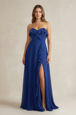 Sweetheart Ruffled A - Line Chiffon Bridesmaid Dress in Royal Blue - KissProm Bridesmaid Dresses