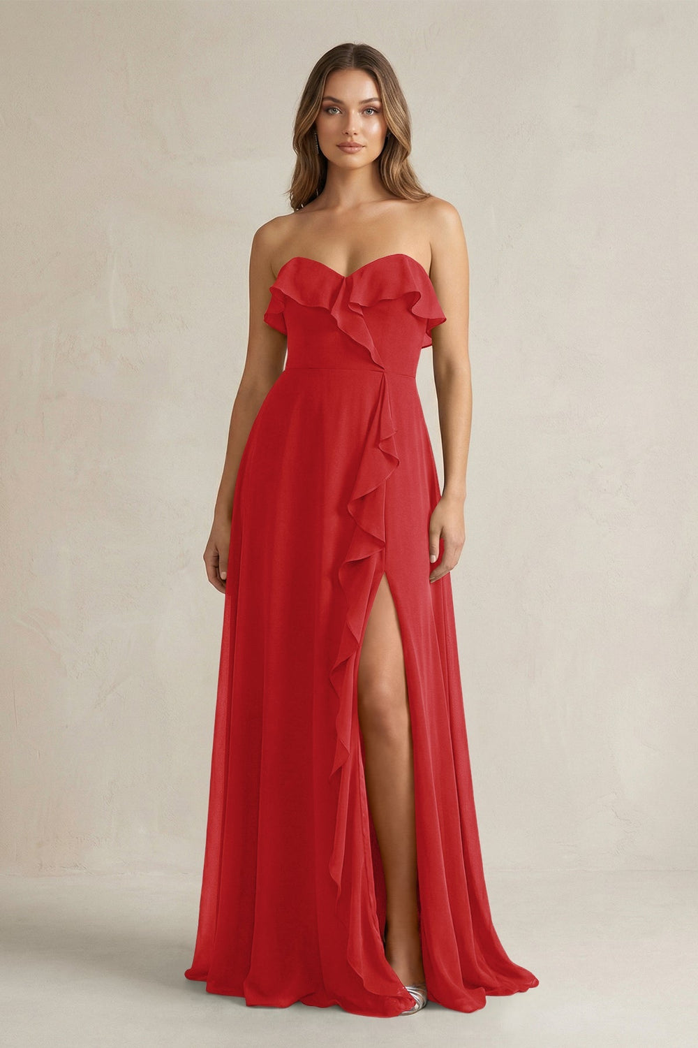 Sweetheart Ruffled A - Line Chiffon Bridesmaid Dress in Ruby Red - KissProm Bridesmaid Dresses