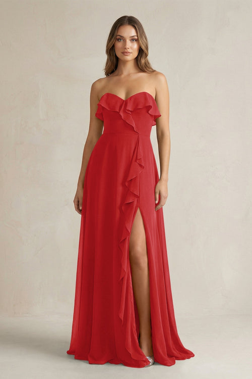 Sweetheart Ruffled A - Line Chiffon Bridesmaid Dress in Ruby Red - KissProm Bridesmaid Dresses