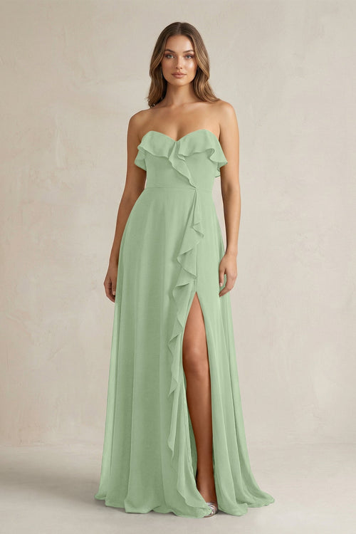 Sweetheart Ruffled A - Line Chiffon Bridesmaid Dress in Sage - KissProm Bridesmaid Dresses