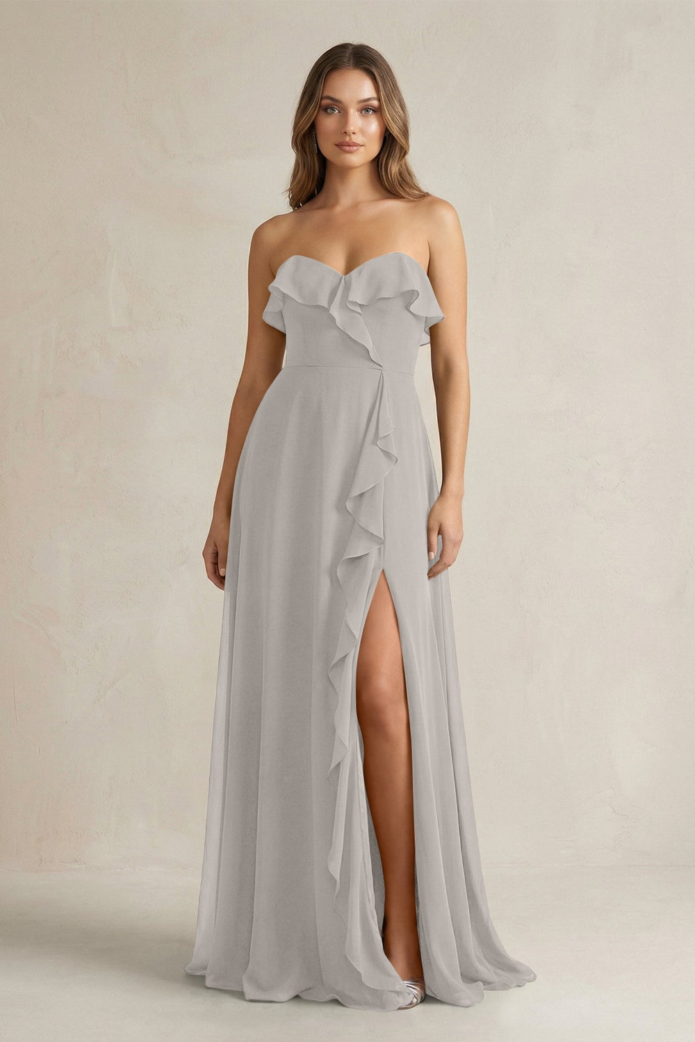 Sweetheart Ruffled A - Line Chiffon Bridesmaid Dress in Silver - KissProm Bridesmaid Dresses